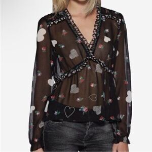 NWOT Avec Les Filles Heart & Floral Sheer V-neck Ruffle Blouse Size Small